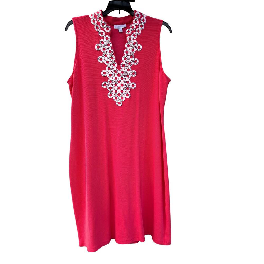 Charter Club Dress Large Coral Pink Sleeveless Shift Crochet Neckline Knit Dress